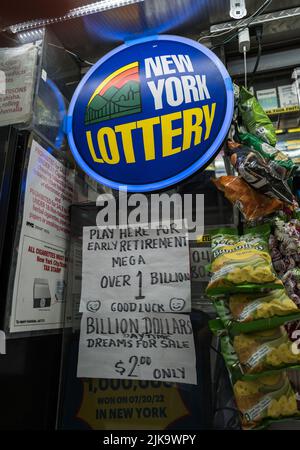 NEW YORK, N.Y. – July 29, 2022: A New York Lottery sign is seen at a newsstand in Lower Manhattan. Stock Photo