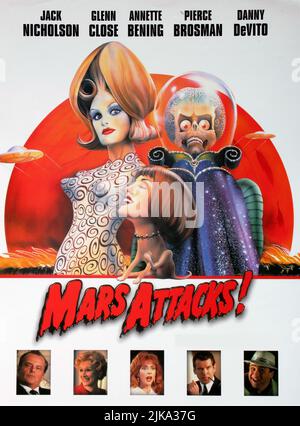 Lisa Marie, Sarah Jessica Parker, Jack Nicholson, Glenn Close, Annette Bening, Pierce Brosnan & Danny Devito Film Poster Film: Mars Attacks! (USA 1996)   Director: Tim Burton 12 December 1996   **WARNING** This Photograph is for editorial use only and is the copyright of WARNER BROS. and/or the Photographer assigned by the Film or Production Company and can only be reproduced by publications in conjunction with the promotion of the above Film. A Mandatory Credit To WARNER BROS. is required. The Photographer should also be credited when known. No commercial use can be granted without written au Stock Photo