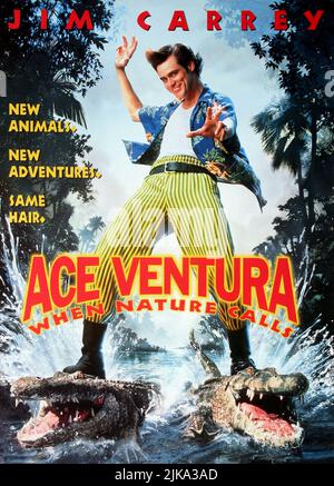 Jim Carrey Film Poster Film: Ace Ventura: When Nature Calls (USA 1995)   Director: Steve Oedekerk 08 November 1995   **WARNING** This Photograph is for editorial use only and is the copyright of MORGAN CREEK ENTERTAINMENT and/or the Photographer assigned by the Film or Production Company and can only be reproduced by publications in conjunction with the promotion of the above Film. A Mandatory Credit To MORGAN CREEK ENTERTAINMENT is required. The Photographer should also be credited when known. No commercial use can be granted without written authority from the Film Company. Stock Photo