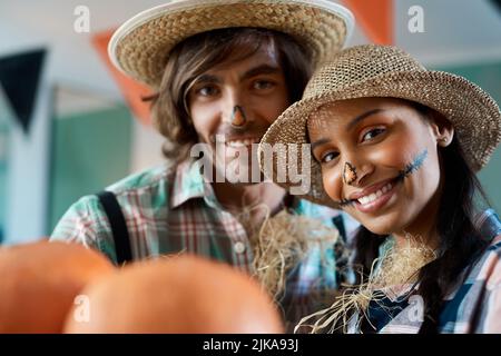 Hes the pumpkin to my spice. a young couple dressed up for halloween at home. Stock Photo