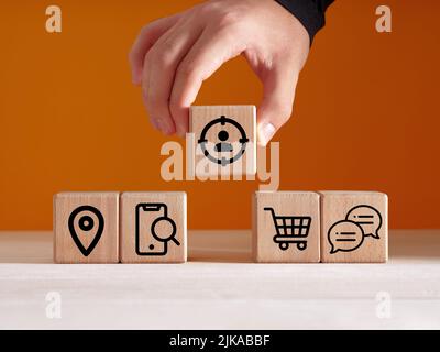 Buyer persona and target customer concept. Buyer or customer psychology profile or characteristics. Male hand places wooden cube with the target custo Stock Photo