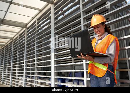 Smiling Vietnamese female engineer in hardhat working on laptop Stock Photo