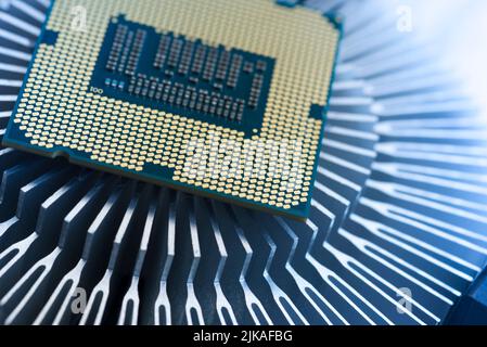 Processor on a computer, software elements, macro photo, close-up. Stock Photo