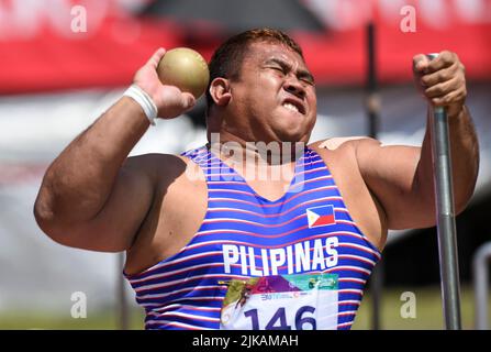 Surakarta, Indonesia. 1st Aug, 2022. Joel Balatucan of the Philippines competes during the Men's Shot Put F54 final of the 2022 ASEAN Para Games at Manahan Stadium in Surakarta, Central Java province, Indonesia, Aug. 1, 2022. Credit: Zulkarnain/Xinhua/Alamy Live News Stock Photo