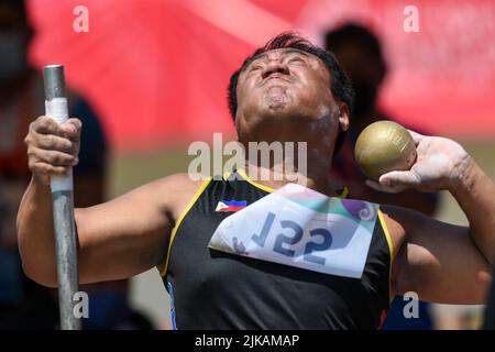 Surakarta, Indonesia. 1st Aug, 2022. Maekel Lita of the Philippines competes during the Men's Shot Put F54 final of the 2022 ASEAN Para Games at Manahan Stadium in Surakarta, Central Java province, Indonesia, Aug. 1, 2022. Credit: Zulkarnain/Xinhua/Alamy Live News Stock Photo