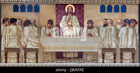 ZURICH, SWITZERLAND - JULY 1, 2022: The fresco of Last Supper in the church Pfarrkirche Liebfrauen by Fritz Kunz (1906). Stock Photo