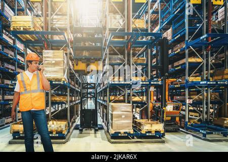 Logistic warehouse worker in helmet. Distribution warehouse with many shelves. Import and export of goods. Stock Photo