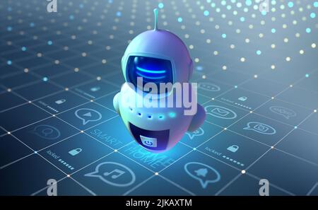 Chat Bot, smart assistant, smart home, internet technologies and mobile devices. 3D illustration of a mini robot in media cyberspace Stock Photo