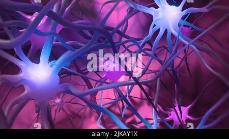 Human brain, neural network, neuron connections. Electrical impulses and information transmission. Realistic 3D illustration inside brain Stock Photo