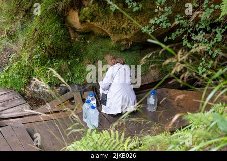 A woman fills five-liter containers with natural drinking water at a water source in the Gauja National Park, Latvia. Stock Photo