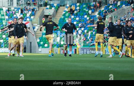 Windsor Park, Belfast, Northern Ireland, UK. 19 July 2022. UEFA Champions League Second Qualifying Round  (first leg) – Linfield 1 Bodo/Glimt 0. FK Bodo/Glimt players. Norwegian football side Bodo/Glimt warming-up in training before the game. Stock Photo