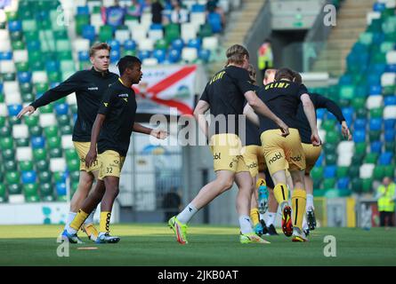 Windsor Park, Belfast, Northern Ireland, UK. 19 July 2022. UEFA Champions League Second Qualifying Round  (first leg) – Linfield 1 Bodo/Glimt 0. FK Bodo/Glimt players. Norwegian football side Bodo/Glimt warming-up in training before the game. Stock Photo