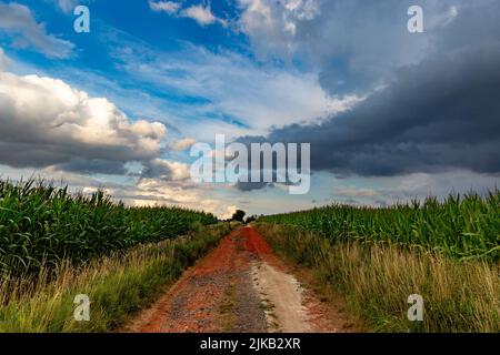 Dramatic storm clouds over fields. Country landscape. Windy weat Stock Photo