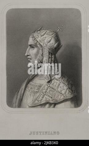 Justinian I the Great (482-565). Emperor of the Eastern Roman Empire. Portrait. Engraving. 'Historia Universal', by César Cantú. Volume VIII. 1858. Stock Photo