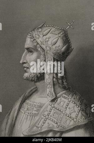 Justinian I the Great (482-565). Emperor of the Eastern Roman Empire. Portrait. Engraving. 'Historia Universal', by César Cantú. Volume VIII. 1858. Stock Photo