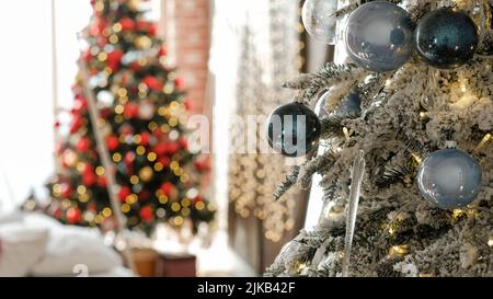 christmas decor fir tree ornaments fairy lights Stock Photo