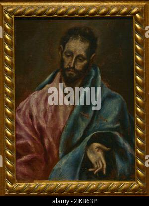 James the Less (1st century AD). Apostle and martyr, first cousin of Jesus, he led the Christian Church in Palestine. Portrait by El Greco (Doménikos Theotokópoulos) (1541-1614) and workshop, ca. 1600-1614. Oil on canvas. Loan from a private collection. El Greco Museum. Toledo, Spain. Author: El Greco (1541-1614). Spanish painter born in Crete. Workshop of El Greco. Stock Photo