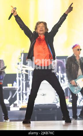 Stockholm, Sweden. 31st July, 2022. Mick Jagger of the Rolling Stones performs in concert at Friends Arena on July 31, 2022 in Stockholm, Sweden. Photo by Robert Eklund/Stella Pictures/ABACAPRESS.COM Credit: Abaca Press/Alamy Live News Stock Photo