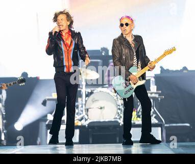 Stockholm, Sweden. 31st July, 2022. Ronnie Wood, Mick Jagger and Keith Richards of the Rolling Stones perform in concert at Friends Arena on July 31, 2022 in Stockholm, Sweden. Photo by Robert Eklund/Stella Pictures/ABACAPRESS.COM Credit: Abaca Press/Alamy Live News Stock Photo