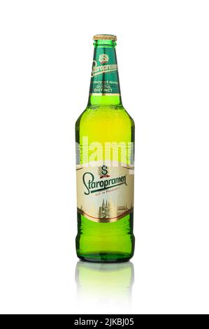 CHISINAU, MOLDOVA - July 24, 2022:  Bottle of Staropramen beer isolated on white background. Staropramen Brewery is the second largest brewery in the Stock Photo