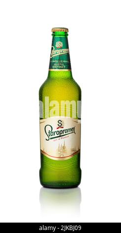 CHISINAU, MOLDOVA - July 24, 2022: Cold  Bottle of Staropramen beer isolated on white background. Staropramen Brewery is the second largest brewery in Stock Photo