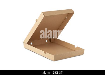Blank brown open cardboard Pizza paper box isolated on white background. Packaging template mockup collection. Stand-up Front view package. Stock Photo