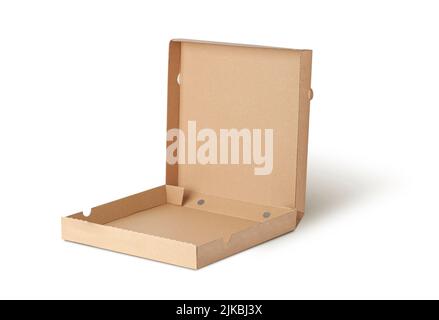 Blank brown open cardboard Pizza paper box isolated on white background. Packaging template mockup collection. Stand-up Front view package. Stock Photo