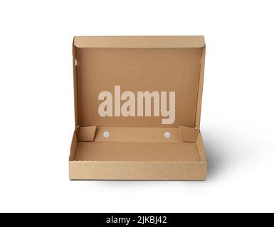 Blank brown open cardboard Pizza paper box isolated on white background. Packaging template mockup collection. Stand-up Front view package. Stock Photo