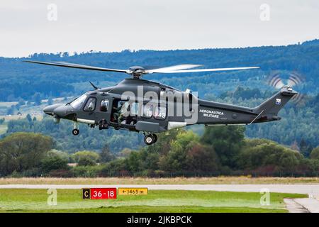 Sliac, Slovakia - August 30, 2014: Military helicopter at air base. Air force flight operation. Aviation and aircraft. Air defense. Military industry. Stock Photo