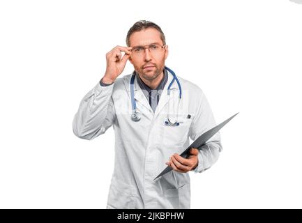 Healthcare and medical concept. Doctor in white uniform listening and carefully looking at camera Stock Photo