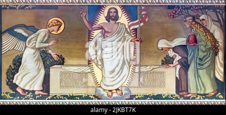 ZURICH, SWITZERLAND - JULY 1, 2022: The fresco of Resurrection of Jesus in the church Pfarrkirche Liebfrauen by Fritz Kunz (1906). Stock Photo