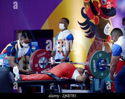 Surakarta, Indonesia. 1st Aug, 2022. Ni Nengah Widiasih of Indonesia competes during the women's up to 45kg powerlifting final at the 2022 ASEAN Para Games in Surakarta, Indonesia, Aug. 1, 2022. Credit: Agung Kuncahya B./Xinhua/Alamy Live News Stock Photo