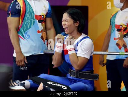 Surakarta, Indonesia. 1st Aug, 2022. Eneng Paridah of Indonesia celebrates during the women's up to 41kg powerlifting final at the 2022 ASEAN Para Games in Surakarta, Indonesia, Aug. 1, 2022. Credit: Agung Kuncahya B./Xinhua/Alamy Live News Stock Photo