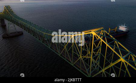 An aerial view of the Columbia River bridge in Astoria, Oregon, during sunset Stock Photo