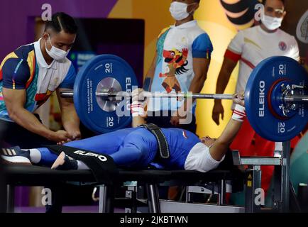 Surakarta, Indonesia. 1st Aug, 2022. Eneng Paridah of Indonesia competes during the women's up to 41kg powerlifting final at the 2022 ASEAN Para Games in Surakarta, Indonesia, Aug. 1, 2022. Credit: Agung Kuncahya B./Xinhua/Alamy Live News Stock Photo