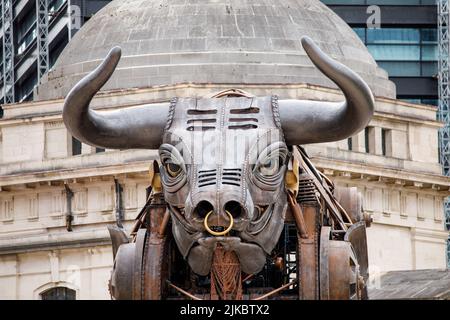The Birmingham 'Raging Bull' that featured in the opening ceremony of the Birmingham 2022 Commonwealth Games. The bull has been relocated in Central Birmingham so that members of the public can now view it during the Commonwealth Games in Centenary Square. The people of Birmingham are trying to keep it permanently and plan to re-name it once the Games come to a close. Stock Photo
