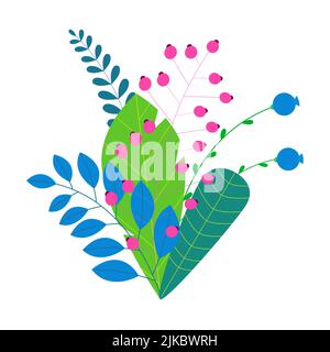 Bouquet of leaves, summer and spring flowers isolated on white background. Trendy flat style plants. Vector nature botanical elements. Stock Vector