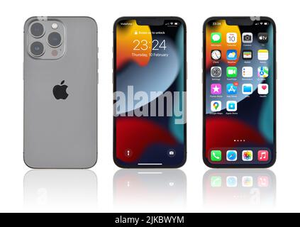 KIEV, UKRAINE - FEBRUARY 10, 2022: Front and back view of new Apple  iPhone 13 Pro Space Gray smartphone isolated on white background with clipping pa Stock Photo