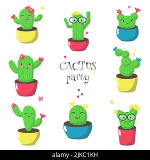 Cute cartoon cacti icon set. Vector illustration isolated on white background. Blooming cactuses with funny faces in pots for greeting card, invitatio Stock Vector