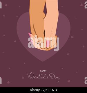 Happy Valentine's Day Concept With Close Up Of Couple Holding Hands On Mauve Or Wine Color Background. Stock Vector