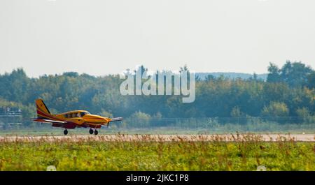 August 30, 2019, Moscow region, Russia. Piper PA-23 light twin-engine aircraft of the aerobatic group 'First Flight' on the runway of the airfield. Stock Photo