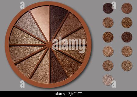 Different types of roasting of malt grains in a round layout with sections. Types of malt grains for the production of beer. The layout of the ingredi Stock Photo