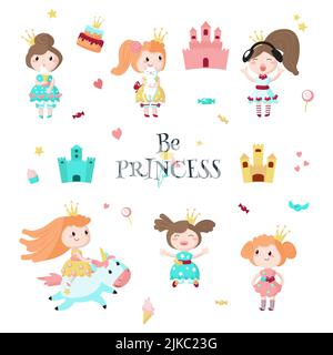 Beautiful princess in crown icon set. Vector illustration isolated on white background. Fairytail girl riding unicorn, holding cat, listening to music Stock Vector
