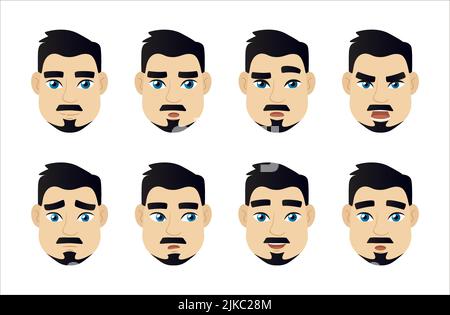 Adult Young handsome man emotions set. Blue eyed brunette men with with a mustache and beard Stock Vector