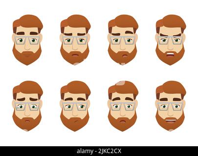 Young man programmer emotions sticker set. Science worker portrait. Men with glasses and beard. Stock Vector