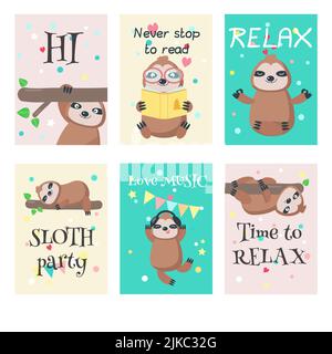 Vector set of cards with cute sloths and quotes. Lazy jungle animals cartoon characters hanging upside down, sleeping, reading book, listening to musi Stock Vector