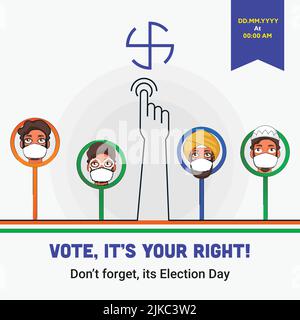 Vote, It's Your Right And Don't Forget Election Day Concept With Different Religion Men And Index Finger Touching Election Result Or Poll Symbol On Wh Stock Vector
