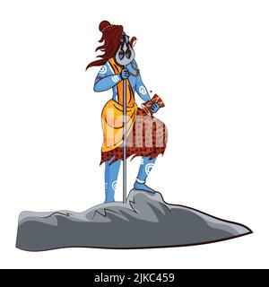 Hindu Mythology Lord Shiva Standing On Rock Illustration. Stock Vector