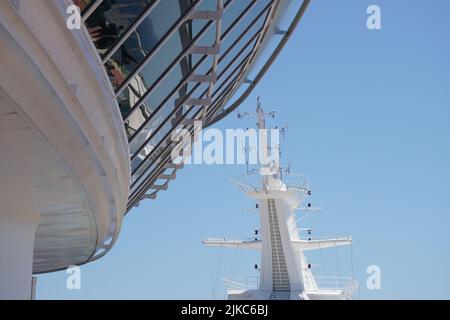 The communications tower on the cruise ship Discovery 2, operated by Marella Cruises Stock Photo