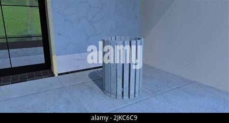 A cylindrical waste bin on a concrete porch against a white marble wall. 3d render. Stock Photo